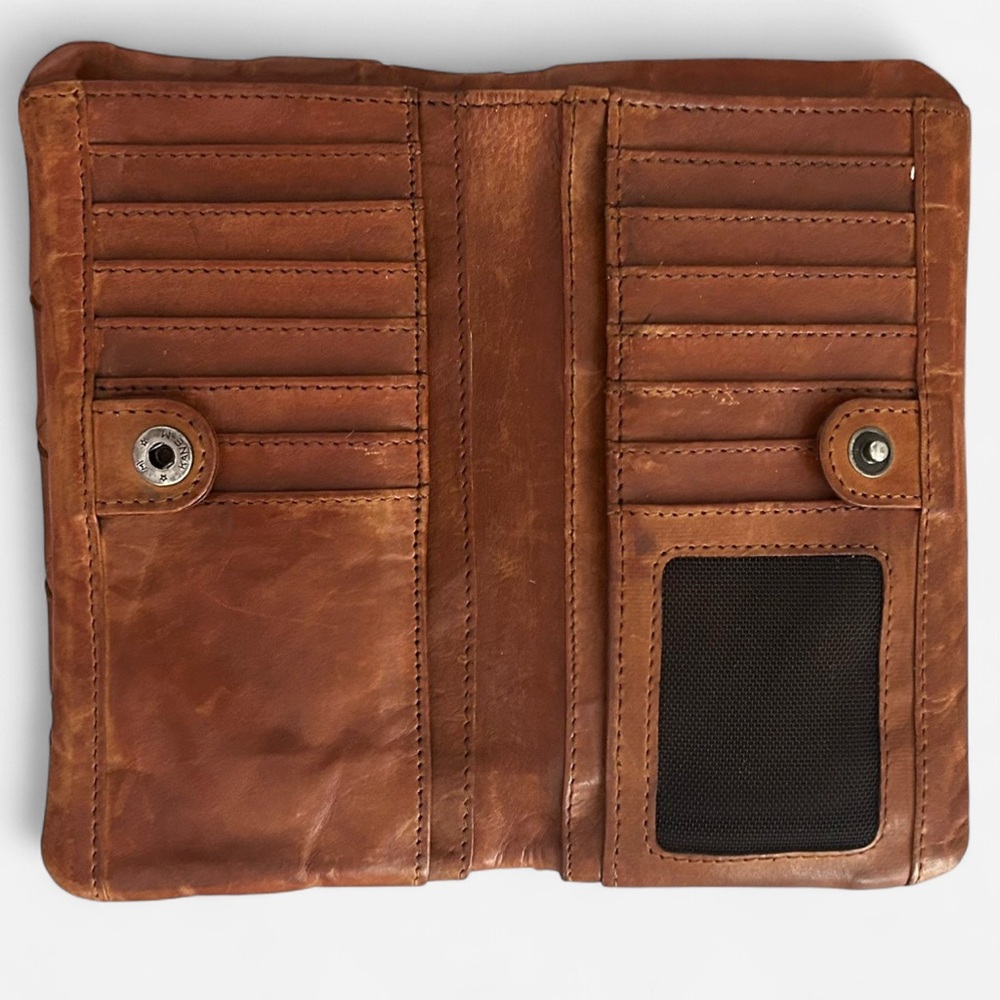 Vilenca Holland Genuine Soft Leather Cognac Basket Weave Vertical Bifold Wallet - Picture 3 of 7